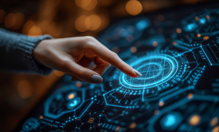 Woman hand touching virtual hologram screen. Technology and future concept. Generative AI.の素材