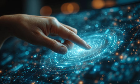 Hand touching a digital world map. Technology concept. Generative Ai.の素材