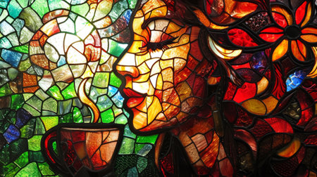 Stained glass window in the shape of a woman and a cup of coffee. Generative AI.の素材
