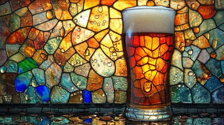 Glass of dark beer on a background of stained glass window with reflection. Generative AI.の素材