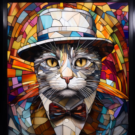 Stained glass window with a portrait of a cat in a hat and bow tie. Generative AI.の素材