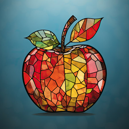 Vector illustration of a red apple with a stained glass pattern on a blue background. Generative  AI.の素材