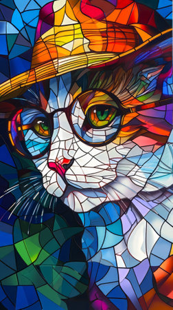 Colorful stained glass window of a cat in a hat and glasses. Generative AI.の素材
