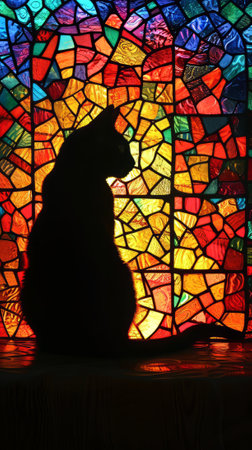 Silhouette of a black cat in a stained glass window. Generative AI.の素材