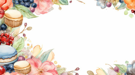Watercolor floral frame with macaroons, flowers and berries. Generative AI.の素材