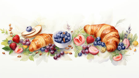 Watercolor croissants, berries and fruits on a white background. Generative AI.の素材