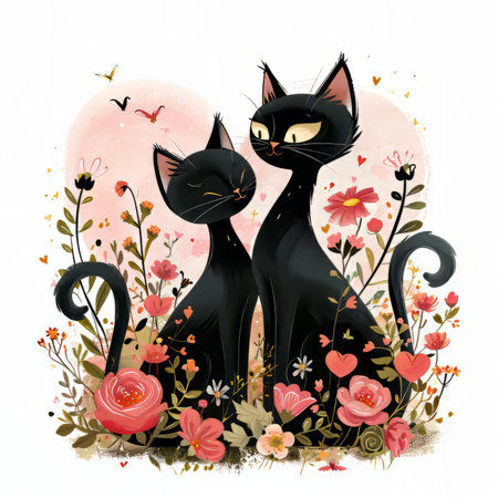 Two black cats with red flowers in the garden. Vector illustration. Generative AI.の素材