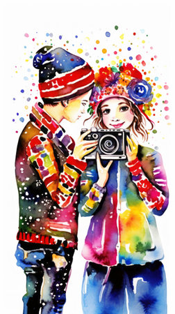 Young couple with a camera on a white background. Watercolor illustration. Generative  AI.の素材