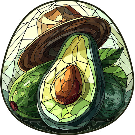 Illustration in stained glass style with avocados on a white background. Generative AI.の素材
