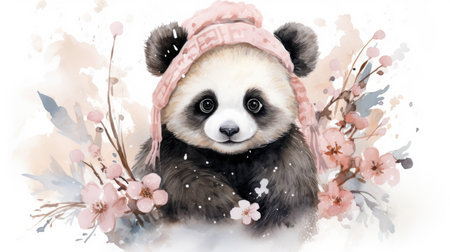 Watercolor illustration of cute panda in a hat and scarf. Generative AI.の素材