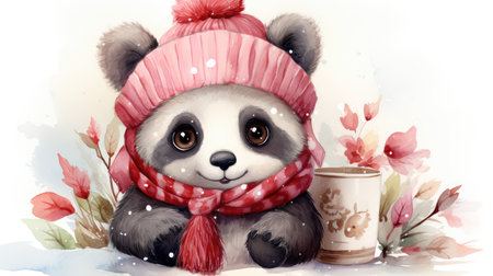 Cute panda bear in a hat and scarf with a cup of tea. Generative AI.の素材