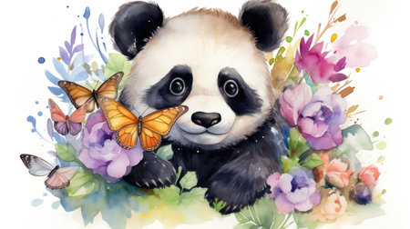 Watercolor illustration of a cute panda with butterflies and flowers. Generative AI.の素材