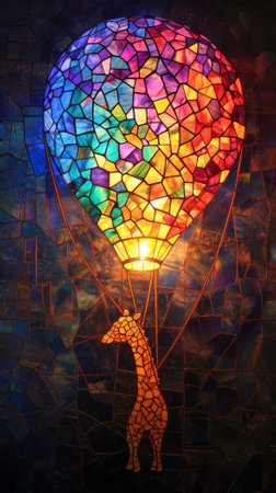 Colorful stained glass window in the shape of a giraffe on a hot air balloon. Generative Ai.の素材
