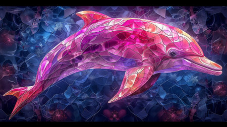 Dolphin on abstract background. Illustration in stained glass style. Generative Ai.の素材