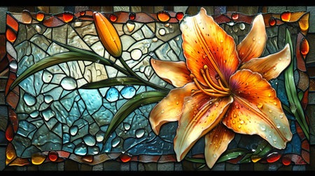 Stained glass window with a lily flower in the foreground. Generative Ai.の素材