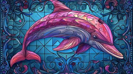 Illustration in stained glass style with a beautiful dolphin on a blue background. Generative Ai.の素材