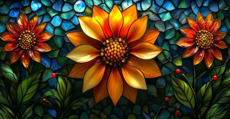 Stained glass window with flowers and leaves in the shape of a flower. Generative Ai.の素材