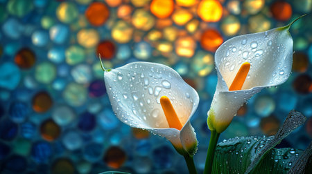 Beautiful calla lily flowers with water drops on colorful background. Generative Ai.の素材