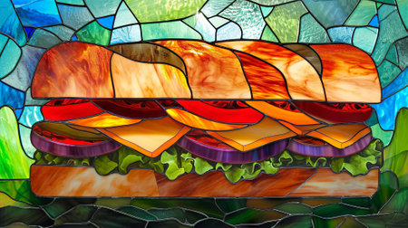 Stained glass window in the style of stained glass with a picture of a hamburger. Generative Ai.の素材