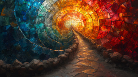 3d illustration of a path through a tunnel of colorful stained glass. Generative AI.の素材