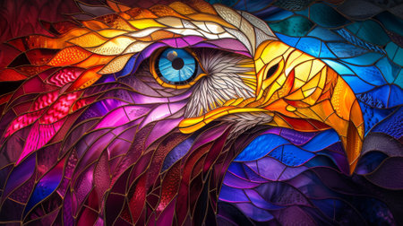Colorful stained glass window in the form of a bird. Close up. Generative AI.の素材