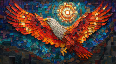 Colorful mosaic of an eagle on the wall in Barcelona, Spain. Generative Ai.の素材