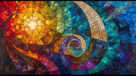 Colorful stained glass window in the shape of a spiral. Abstract background.  Generative Ai.の素材
