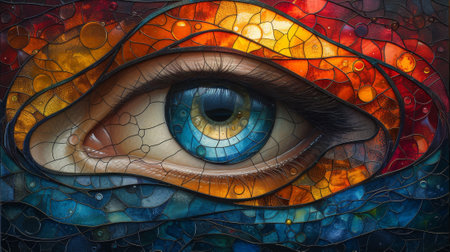 Eye in stained glass window with orange, blue and red colors. Generative Ai.の素材