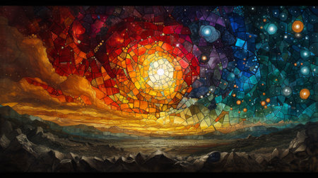 Mosaic with sun and stars in the sky. 3D rendering. Generative Ai.の素材