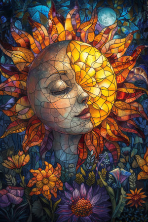Portrait of a beautiful woman in stained glass window with sun and flowers. Generative Ai.の素材