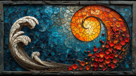 Colorful stained glass window with a symbol of the sun and the moon. Generative Ai.の素材
