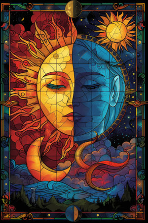 Illustration in stained glass style with sun and moon in the sky. Generative Ai.の素材