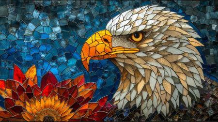 Colorful stained glass window with an eagle on the background of a flower. Generative Ai.の素材