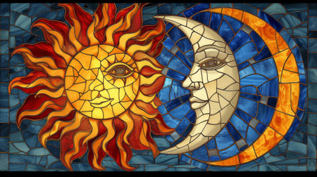 Stained glass window depicting a sun, moon and the sun. Generative Ai.の素材
