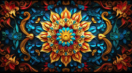 Ornament in the form of a flower. Stained-glass window. Generative Ai.の素材