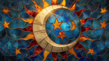 Stained glass window with sun and star on blue background, 3d illustration. Generative Ai.の素材