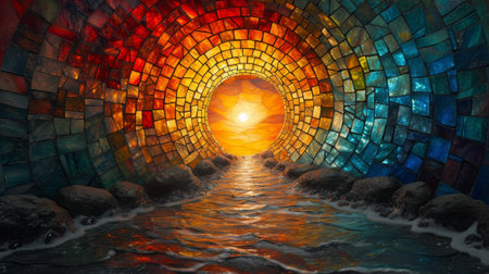 3D rendering of a fantasy tunnel with a beautiful sunset in the background. Generative Ai.の素材