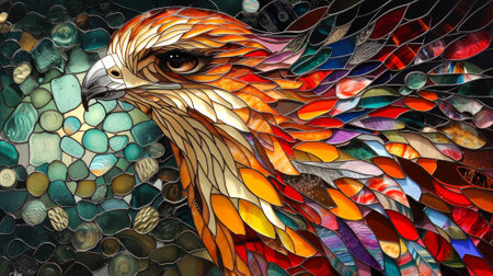 Colorful stained glass window with a bird in the shape of a bird. Generative Ai.の素材