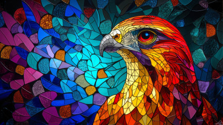 Colorful stained glass window with a bird's head on a dark background. Generative Ai.の素材