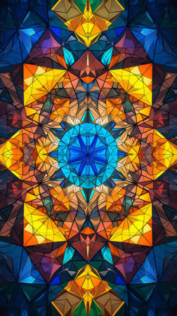 Abstract background of colorful stained glass window. Multicolored kaleidoscope pattern. Generative Ai.の素材