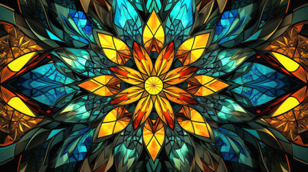 Symmetrical pattern in stained-glass window style. Computer generated graphics. Generative Ai.の素材