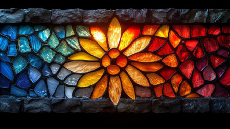 Colorful stained glass window on the wall of a church in Thailand. Generative Ai.の素材