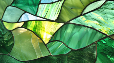 Stained glass window with abstract green and yellow background, texture. Generative Ai.の素材