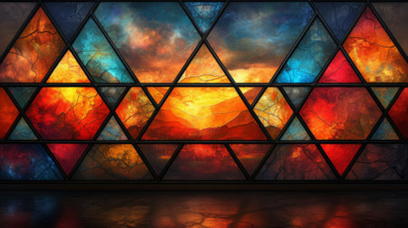 3d rendering of a stained glass window with a view of the mountains. Generative Ai.の素材