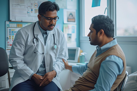 Doctor and patient discussing something while sitting at the table in the hospital. Generative AI.の素材