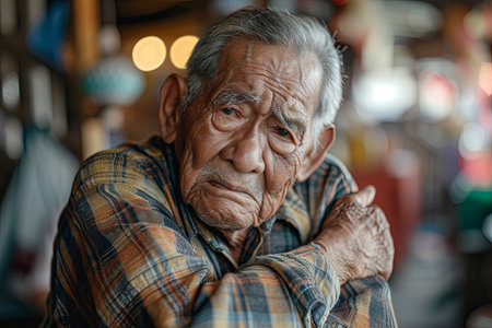Portrait of old Asian man in the cafe. Selective focus. Generative AI.の素材