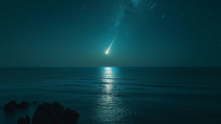 A comet in the night sky over the sea. 3d rendering. Generative Ai.の素材