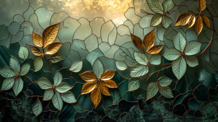 3d illustration of abstract floral background with green and golden leaves. Generative Ai.の素材