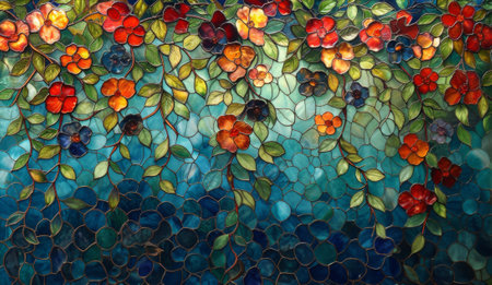 Colorful stained glass mosaic on the wall of a building, Thailand. Generative Ai.の素材