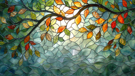 Colorful stained glass window with a picture of a tree and leaves. Generative Ai.の素材